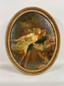 OVAL-FRAMED PAINTING ON CANVAS, OF RACING LOVERS