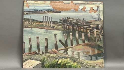 OIL PAINTING ON BOARD OF A PIER SCENE