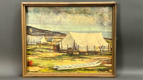 OIL ON CANVAS PAINTING OF CAMPING TENTS