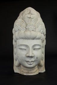 ANTIQUE CHINESE CARVED WHITE MARBLE GUANYIN HEAD