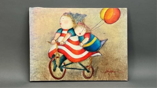 PAINTING ON CANVAS, OF A MOTHER AND KID ON BIKE