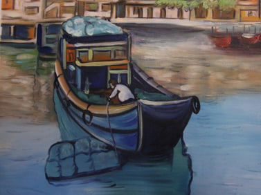 OIL PAINTING ON CANVAS OF A HARBOUR SCENE