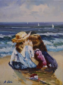 OIL PAINTING ON CANVAS OF TWO GIRLS ON THE BEACH