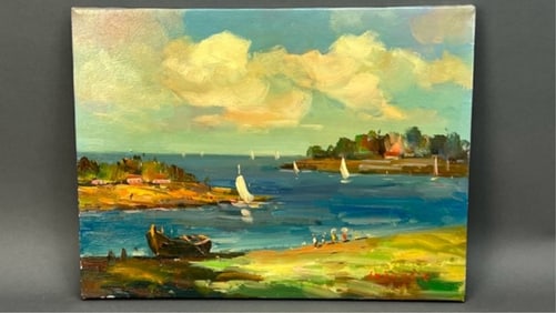 OIL ON CANVAS PAINTING OF A COASTAL SCENE