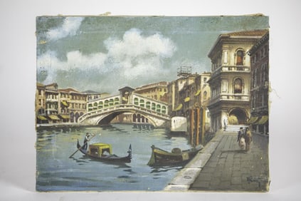 OIL ON CANVAS PAINTING OF A CANAL CITY SCENE
