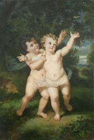 OIL PAINTING ON CANVAS, OF TWO PLAYING CHERUBS