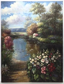 OIL PAINTING ON CANVAS, OF A RIVER BEND GARDEN