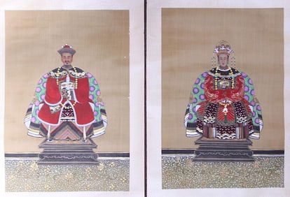 PAIR OF ANTIQUE CHINESE ANCESTOR PORTRAITS
