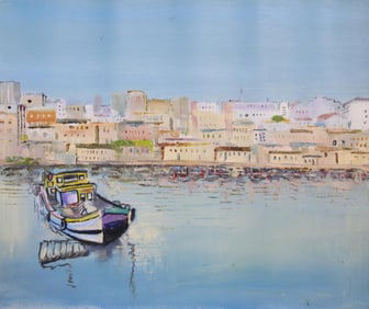 OIL PAINTING ON CANVAS OF A HARBOUR SCENE