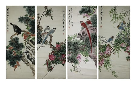 FOUR CHINESE BIRD AND FLOWER SCROLLS ON PAPER