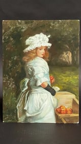 PAINTING ON BOARD OF A FRENCH GIRL IN WHITE DRESS