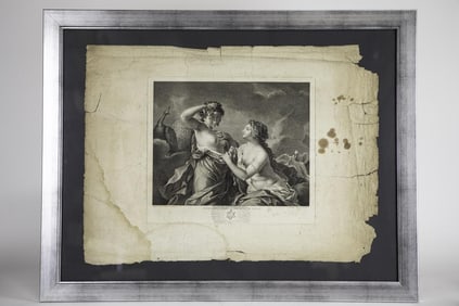 ANTIQUE PRINT OF TWO NYMPHS WITH A PEACOCK