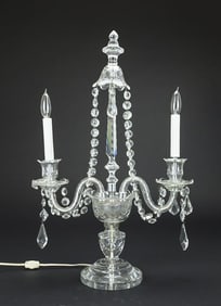 A TWO-BRANCHED GLASS CANDELABRUM