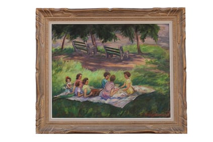FRAMED PAINTING OF A PICNIC SCENE