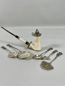SET OF MEERSCHAUM PIPE WITH ORNATE SILVER SPOONS