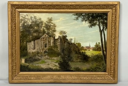 FRAMED OIL PAINTING ON CANVAS, OF A MANOR