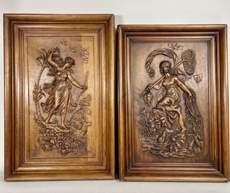 TWO CARVED WOOD PLAQUES OF CLASSICAL MAIDENS