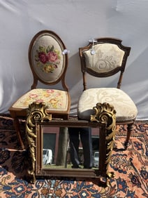 TWO ANTIQUE SIDE CHAIRS & GILTWOOD WALL MIRROR