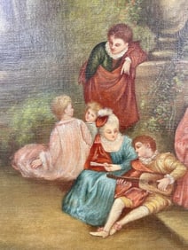 FRAMED OIL ON CANVAS PAINTING OF A GATHERING SCENE