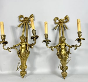 PAIR OF GILT BRONZE FIGURAL TWO-LIGHT WALL SCONCES