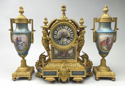 MID 19TH C. ELEGANT EUROPEAN THREE-PIECE CLOCK SET