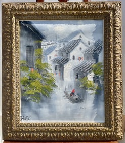 CHINESE OIL ON CANVAS PAINTING OF A WATER-TOWN