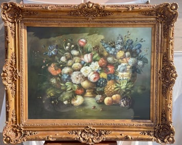 IMPOSING LARGE OIL ON CANVAS STILL LIFE PAINTING