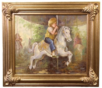 OIL ON CANVAS PAINTING OF A BOY RIDING CAROUSEL