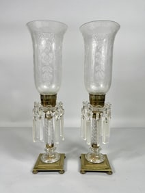 PAIR OF MANTLE GLASS LUSTERS WITH CRYSTAL PRISMS
