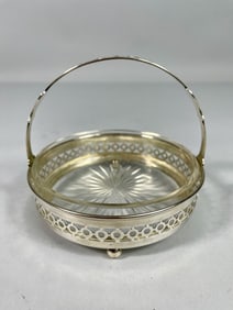 STERLING SILVER ROUND SERVER WITH GLASS INSERT