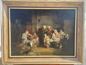 FRAMED OIL ON CANVAS PAINTING OF GATHERING SCENE