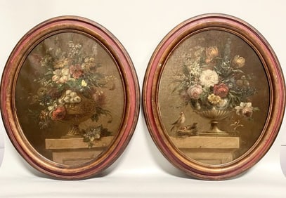 PAIR OF OVAL FLORAL STILL LIFE OIL PAINTINGS