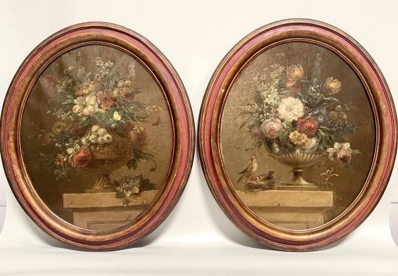 PAIR OF OVAL FLORAL STILL LIFE OIL PAINTINGS (1 of 8)