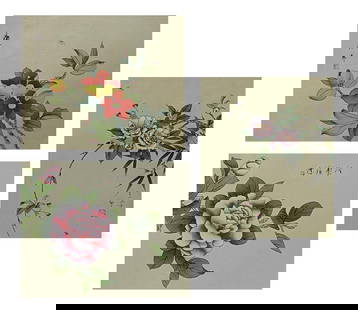 THREE CHINESE WATERCOLOUR PAINTINGS: With floral motifs. Calligraphy on the side. H:11 in. x W: 9 in.