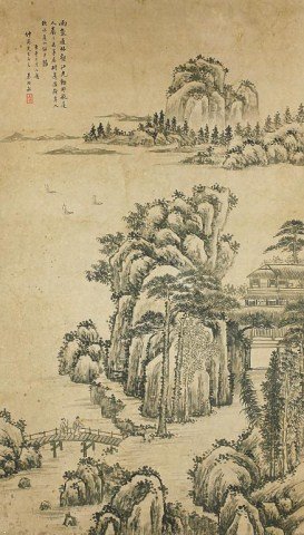 CHINESE LANDSCAPE SCROLL PAINTING: Signature to read Qin Zuyong. H: 40 in. x W: 23 in.