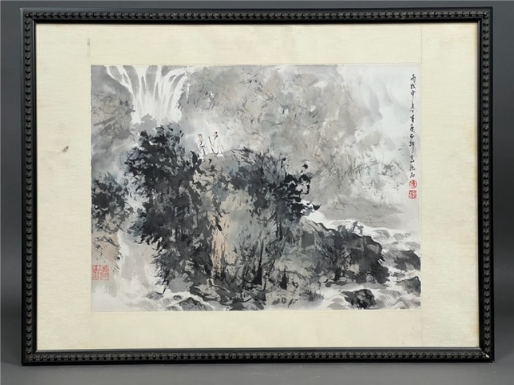 FRAMED CHINESE LANDSCAPE PAINTING BY FU BAOSHI: Frame. A beautiful Chinese painting that depicts two scholars amongst mountains. Inscription on the right, and signature to read Baoshi.