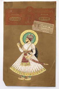 ANTIQUE INDIAN PAINTING ON PAPER: Depicting a colorful royal figure holding a single flower and with a gilt painted halo. On Jodhpur state ten rupees stamp paper with an eight annas court fee stamp. H: 13 3/8 in., L: 8 1/4 in.