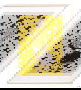 AFTER YAYOI KUSAMA, JAPANESE (1929 - ): Frame, lithograph. After one of the Louis Vuitton x Yayoi Kusama collaboration campaign pictures. The Model was dressed in a yellow dress with black polka dots holding a bag in front of a bright yello