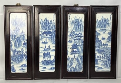 SET OF FOUR CHINESE BLUE & WHITE HANGING PANELS