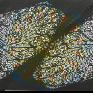 OIL PAINTING ON BOARD OF A STAINED GLASS WINDOW: Framed. Of a beautiful, intricate and kaleidoscope-like design, in predominantly blue, yellow and red colors. H: 30 in. x W: 30 in.