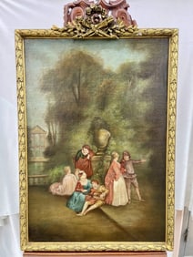 FRAMED OIL ON CANVAS PAINTING OF A GATHERING SCENE