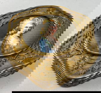REGAL GILT BRONZE JEWELRY BOX: Decorated on the hinged cover with a painted plaque of a noble lady. L: 5 1/2 in. H: 2 1/4 in.