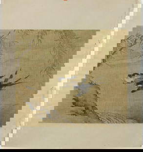 CHINESE PAINTING ON SILK OF TWO BIRDS: Depicting a pair of small black birds in flight amongst mountains. Mounted on parchment. H: 13 1/4 in., L: 15 1/8 in.
