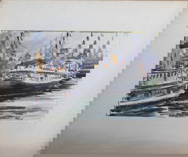 LIONEL FIELDING DOWNES, CANADIAN (1900 - 1972): A painting on paper of ferries/ Signed on bottom right to read F. Fielding Downes, dated 42. Lionel Fielding Downes was a Canadian artist, known for paintings. The record sold price for this artist is