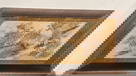 FRAMED CHINESE SCROLL OF A FOREST LANDSCAPE: Framed, beautifully painted with huts amongst a forest.