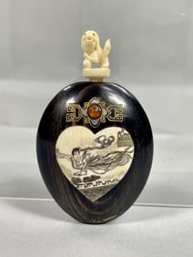 CHINESE CARVED WOODEN SNUFF BOTTLE WITH BONE INLAY