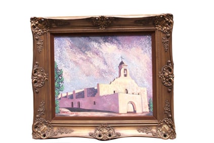 FRAMED OIL ON CANVAS PAINTING OF A CHURCH