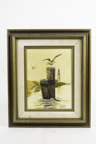 FRAMED OIL ON CANVAS PAINTING OF A COASTAL SCENE