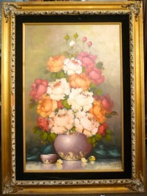 FRAMED OIL ON CANVAS PAINTING OF FLOWERS