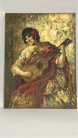 OIL PAINTING ON CANVAS, OF A LADY PLAYING A GUITAR